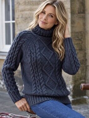 Woolovers 100% Wool Cable-knit Sweater Turtleneck Blue Fisherman Women's Size M